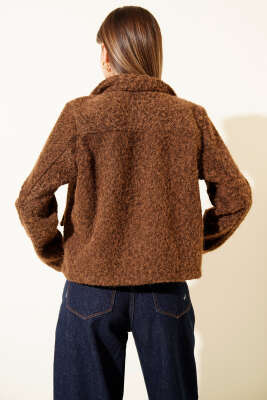 Gömlek Yaka Cepli Kısa Kaşe Ceket Kahve - Thumbnail