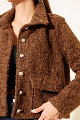 Gömlek Yaka Cepli Kısa Kaşe Ceket Kahve - Thumbnail