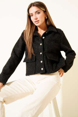 Gömlek Yaka Cepli Kısa Kaşe Ceket Siyah - Thumbnail