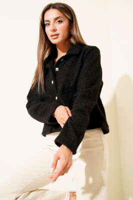 Gömlek Yaka Cepli Kısa Kaşe Ceket Siyah - Thumbnail