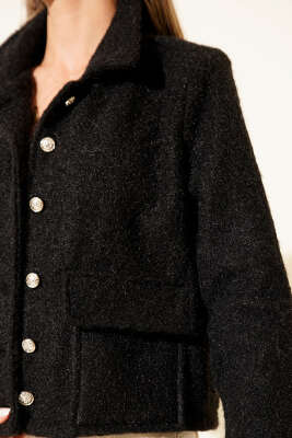 Gömlek Yaka Cepli Kısa Kaşe Ceket Siyah - Thumbnail