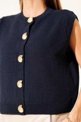 Düğme Detaylı Örgü Hırka Lacivert - Thumbnail