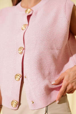 Düğme Detaylı Örgü Hırka Pembe - Thumbnail