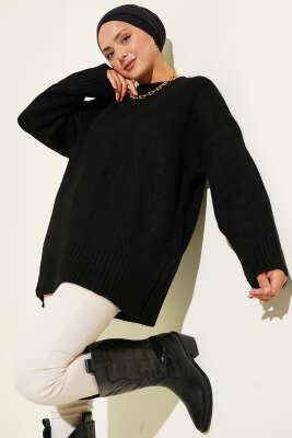 Pazarium - Yumoş Geniş Kollu Kazak Siyah