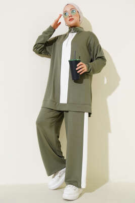 Pazarium - Yarım Fermuarlı Loyşa Şeritli İkili Takım Çağla Yeşili