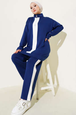 Pazarium - Yarım Fermuarlı Loyşa Şeritli İkili Takım Lacivert