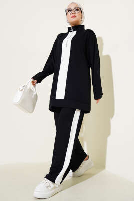 Pazarium - Yarım Fermuarlı Loyşa Şeritli İkili Takım Siyah