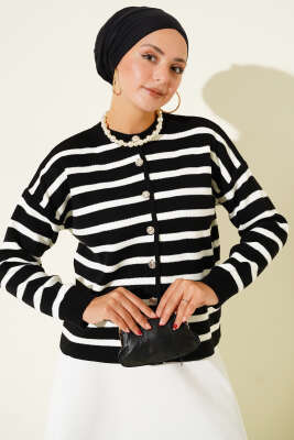 Pazarium - Çizgili Düğme Detaylı Kısa Triko Hırka Siyah