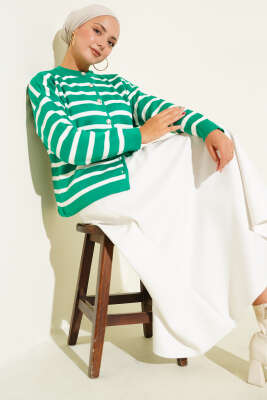 Pazarium - Çizgili Düğme Detaylı Kısa Triko Hırka Yeşil