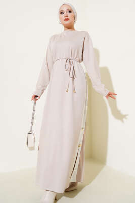 Pazarium - Garnili İp Kuşaklı Loyşa Elbise Taş