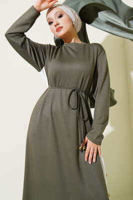 Pazarium - Garnili İp Kuşaklı Loyşa Elbise Haki