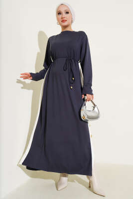 Pazarium - Garnili İp Kuşaklı Loyşa Elbise Füme