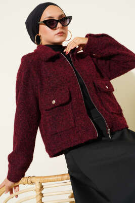 Çift Cepli Fermuarlı Kısa Ceket Bordo - Thumbnail