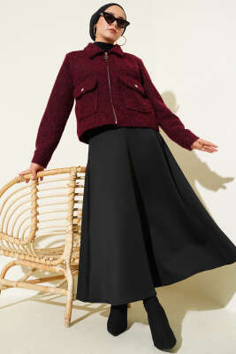 Çift Cepli Fermuarlı Kısa Ceket Bordo - Thumbnail