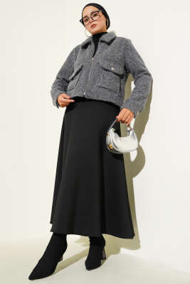 Çift Cepli Fermuarlı Kısa Ceket Füme - Thumbnail