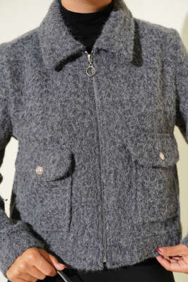 Çift Cepli Fermuarlı Kısa Ceket Füme - Thumbnail