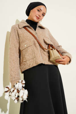 Çift Cepli Fermuarlı Kısa Ceket Latte - Thumbnail