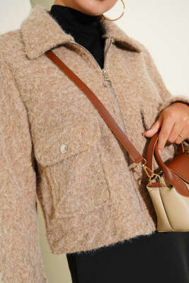 Çift Cepli Fermuarlı Kısa Ceket Latte - Thumbnail