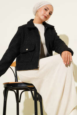 Çift Cepli Fermuarlı Kısa Ceket Siyah - Thumbnail