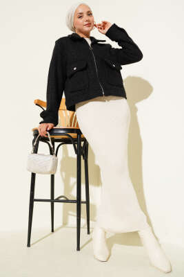 Çift Cepli Fermuarlı Kısa Ceket Siyah - Thumbnail