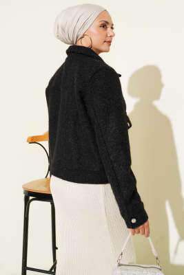 Çift Cepli Fermuarlı Kısa Ceket Siyah - Thumbnail