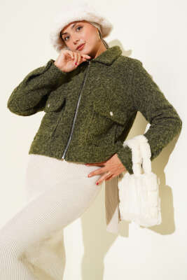 Pazarium - Çift Cepli Fermuarlı Kısa Ceket Haki