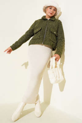 Çift Cepli Fermuarlı Kısa Ceket Haki - Thumbnail