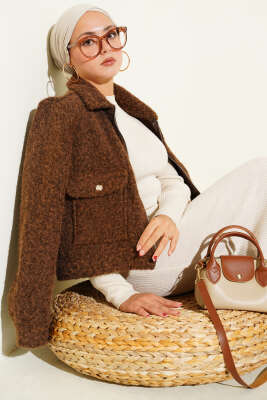 Çift Cepli Fermuarlı Kısa Ceket Kahve - Thumbnail