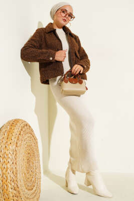 Çift Cepli Fermuarlı Kısa Ceket Kahve - Thumbnail