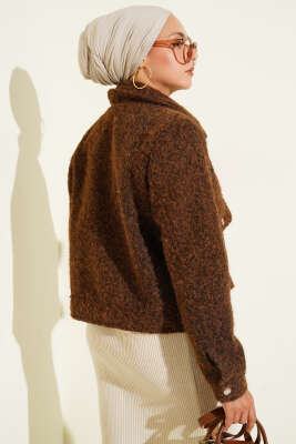 Çift Cepli Fermuarlı Kısa Ceket Kahve - Thumbnail