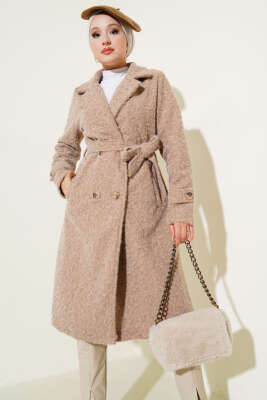 Pazarium - Kruvaze Yaka Kuşaklı Kaşe Kaban Camel