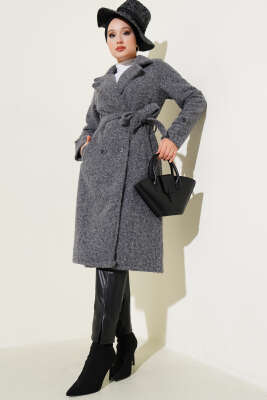 Pazarium - Kruvaze Yaka Kuşaklı Kaşe Kaban Füme