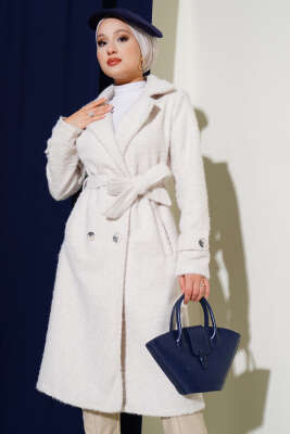 Pazarium - Kruvaze Yaka Kuşaklı Kaşe Kaban Taş