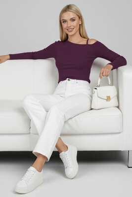 Pazarium - Tek Omuz İpli Bluz Mürdüm