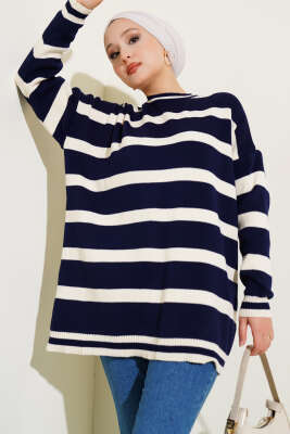 Pazarium - Yatay Çizgi Detaylı Triko Tunik Lacivert