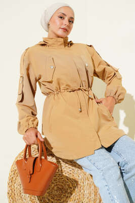 Pazarium - Bel Tünelli Kapüşonlu Trençkot Camel