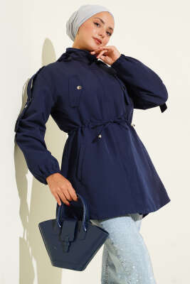 Pazarium - Bel Tünelli Kapüşonlu Trençkot Lacivert