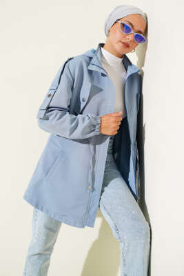 Pazarium - Bel Tünelli Kapüşonlu Trençkot Mavi