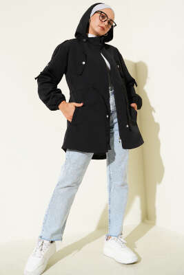 Pazarium - Bel Tünelli Kapüşonlu Trençkot Siyah
