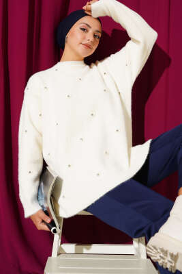 Pazarium - Taş Detaylı Sakallı Kazak Ekru