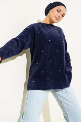 Pazarium - Taş Detaylı Sakallı Kazak Lacivert