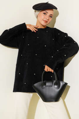 Pazarium - Taş Detaylı Sakallı Kazak Siyah