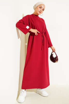 Pazarium - Kol Ucu Armalı İp Bağcıklı Elbise Kırmızı