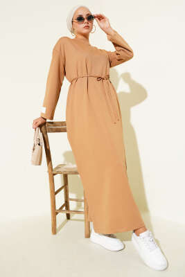 Pazarium - Kol Ucu Armalı İp Bağcıklı Elbise Latte