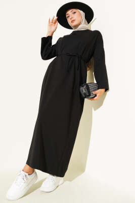 Pazarium - Kol Ucu Armalı İp Bağcıklı Elbise Siyah