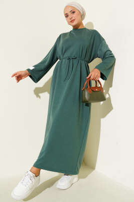 Pazarium - Kol Ucu Armalı İp Bağcıklı Elbise Yeşil