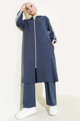 Pazarium - Kapüşonlu Uzun Tunik İkili Takım Füme