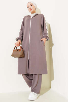 Pazarium - Kapüşonlu Uzun Tunik İkili Takım Vizon