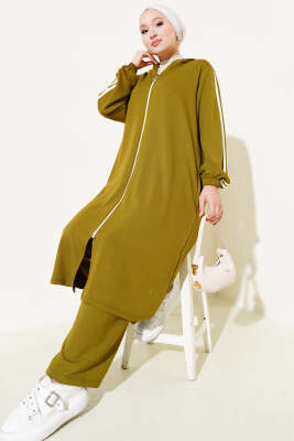 Pazarium - Kapüşonlu Uzun Tunik İkili Takım Yağ Yeşili