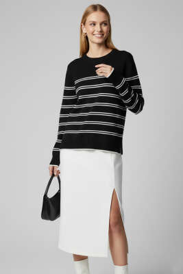 Yatay Çizgili Triko Kazak Siyah - Thumbnail